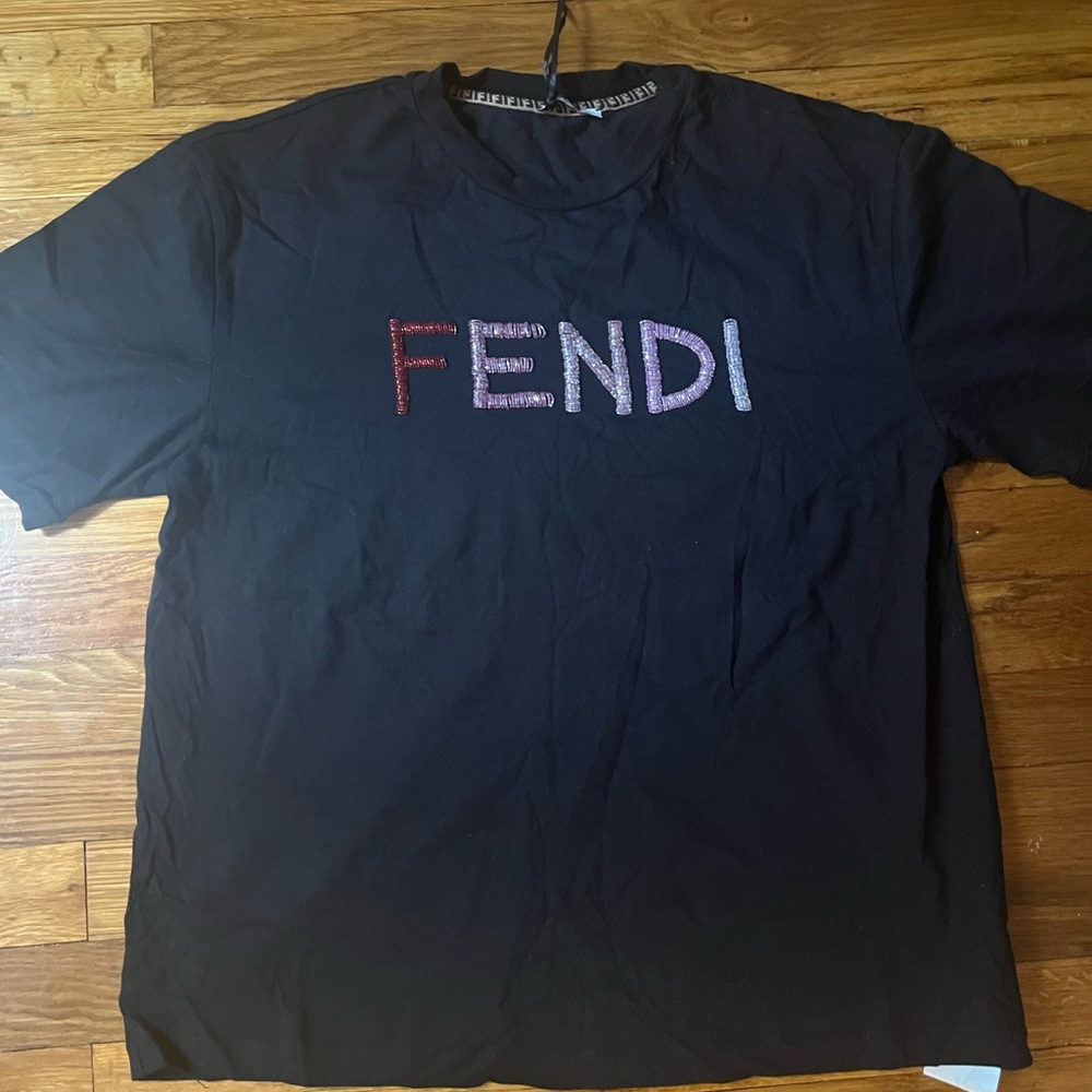 Fendi Black Tee with Red and Pink Lettering